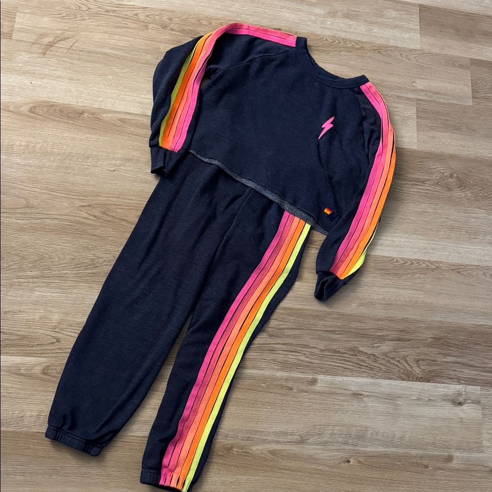 Aviator Nation Navy Neon 5 Stripe Sweat Set with Cropped Pink Bolt SweatShirt